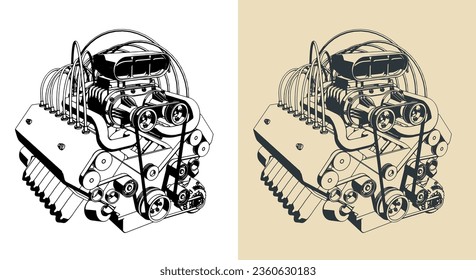 Ilustraciones vectoriales estilizadas del potente motor V turboalimentado