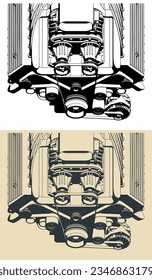 Stylized vector illustrations of a powerful V engine close-up