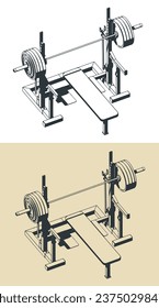 Stylized vector illustrations of press weight adjustable squat rack bench