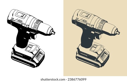 Stylized vector illustrations of professional cordless drill