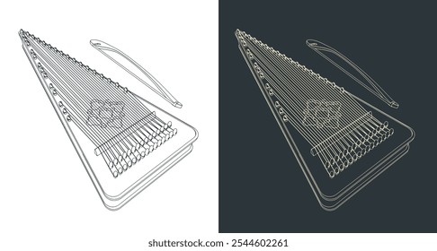 Ilustrações vetoriais estilizadas do saltério. Antigo instrumento musical de multi-cordas depenado