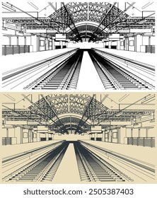 Stylized vector illustrations of a railway station