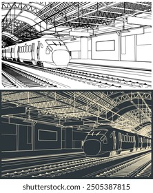 Stylized vector illustrations of a railway station with a high-speed train
