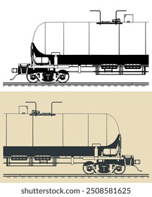 Ilustraciones vectoriales estilizadas de un primer plano de un vagón tanque de ferrocarril