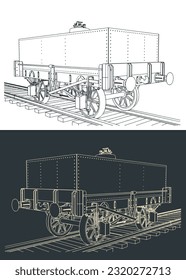 Stylized vector illustrations of rectangular tar tank wagon