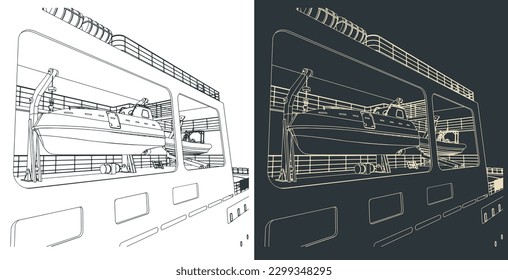 Stylized vector illustrations of rescue boats aboard a large ship close-up