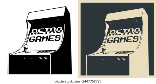Stylized vector illustrations of a retro arcade games cabinet