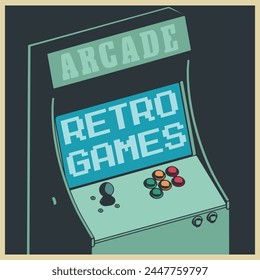 Stylized vector illustrations of a retro arcade games cabinet in cartoon style