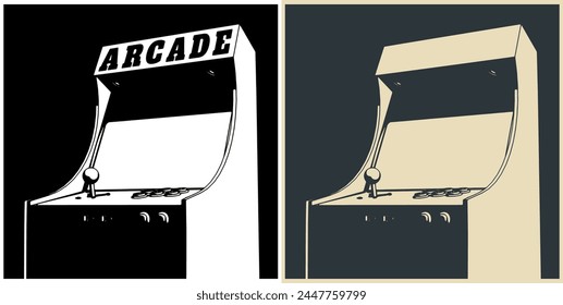 Stylized vector illustrations of a retro arcade games machine