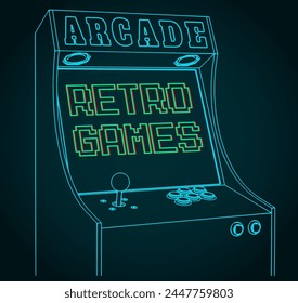 Stylized vector illustrations of a retro arcade games cabinet