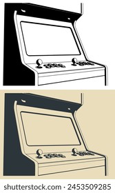 Ilustraciones vectoriales estilizadas de un gabinete de juegos de arcade retro de cerca