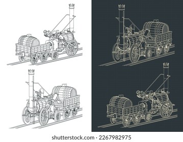 Ilustraciones vectoriales estilizadas de la locomotora de vapor de cohetes de Robert Stephenson, creada en 1829