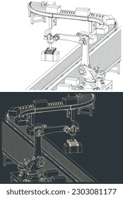 Stylized vector illustrations of robotic factory conveyor line