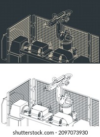 Stylized vector illustrations of robotic welding line