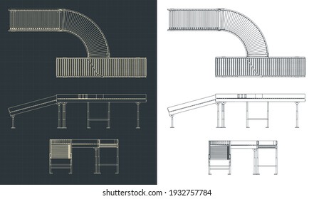 Ilustraciones vectoriales estilizadas de planos de transportadores de rodillos y correas