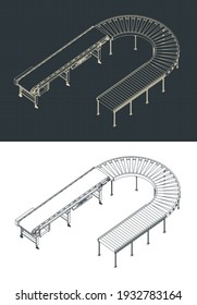 Stylized vector illustrations of roller and belt conveyors isometric blueprints