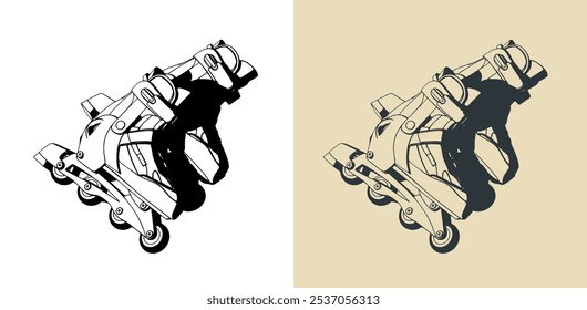 Stylized vector illustrations of a roller skates