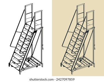 Stylized vector illustrations of rolling steel ladder