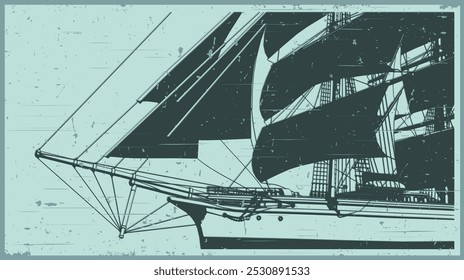 Stylized vector illustrations of a sailing ship close up in retro poster style