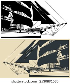 Stylized vector illustrations of a sailing ship close up