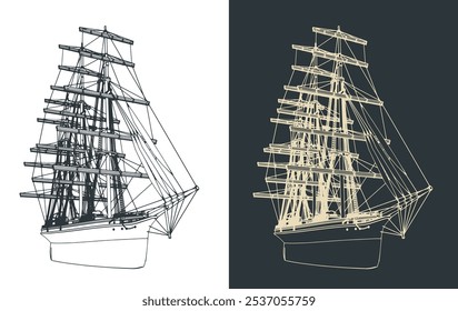 Stylized vector illustrations of a sailing ship