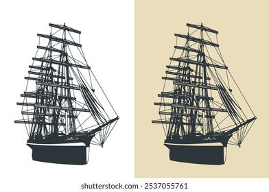 Stylized vector illustrations of a sailing ship