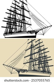 Stylized vector illustrations of a sailing ship close up