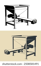 Stylized vector illustrations of a screw feeding conveyor