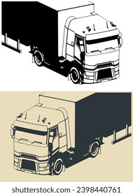 Stylized vector illustrations of semi trailer truck close up