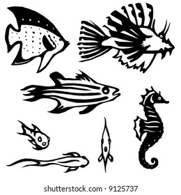 Stylized vector illustrations of several reef-dwelling fish