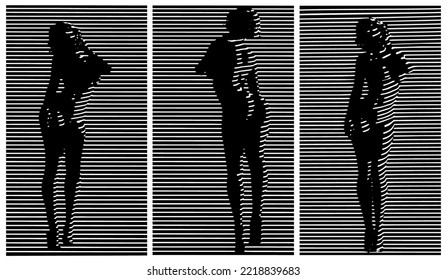 Stylized vector illustrations of sexy naked lady by the window blinds shadow