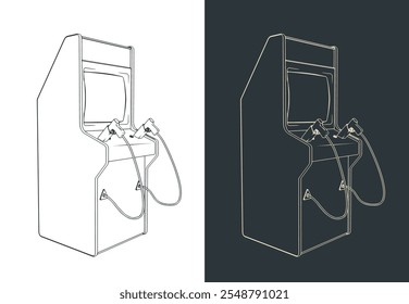 Ilustrações vetoriais estilizadas de uma máquina de arcade de atirador