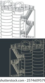 Stylized vector illustrations of a silo storage system drawings close-up
