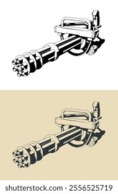 Stylized vector illustrations of six-barrel rotary machine gun