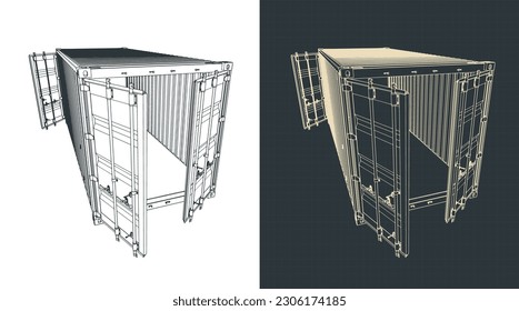 Stylized vector illustrations of sketches of a cargo container