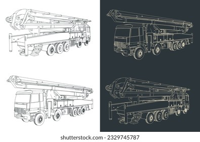 Stylized vector illustrations of sketches of concrete pump truck