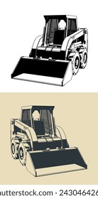 Stylized vector illustrations of a skid-steer loader