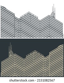 Stylized vector illustrations of a skyscrapers close up