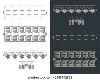 Stylized vector illustrations of SPMT (short for Self Propelled Modular Transporter) drawings, specialized vehicles for very heavy loads