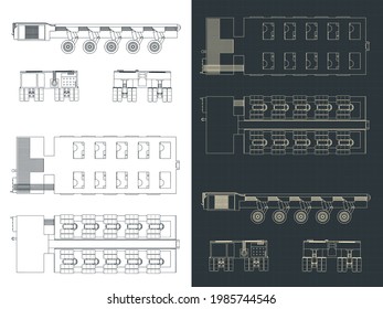 Stylized vector illustrations of SPMT (short for Self Propelled Modular Transporter) drawings, specialized vehicles for very heavy loads