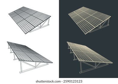 Stylized vector illustrations of stationary solar panels