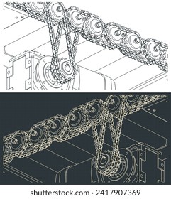 Stylized vector illustrations of structure of roller conveyor with chain drive