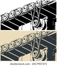 Stylized vector illustrations of structure of roller conveyor with chain drive