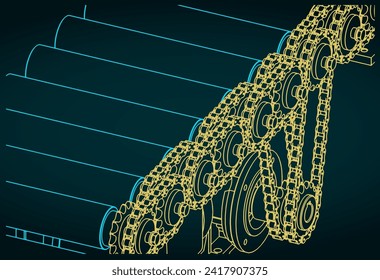 Stylized vector illustrations of structure of roller conveyor with chain drive