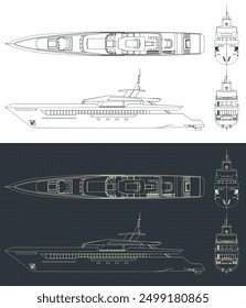 Stylized vector illustrations of superyacht technical drawings