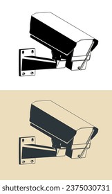 Stylized vector illustrations of surveillance camera with windscreen wiper
