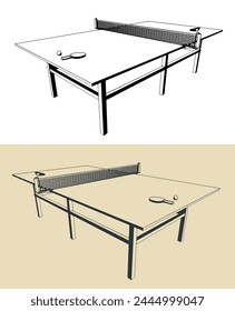 Stylized vector illustrations of table tennis table with rackets and ball