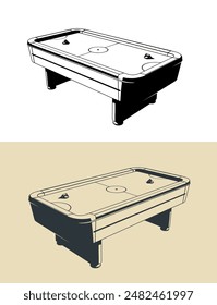Stylized vector illustrations of tabletop air hockey game