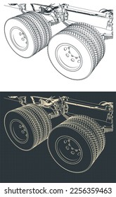 Stilvolle Vektorgrafiken von Tandem-Truck-Achsfederung, Nahaufnahme