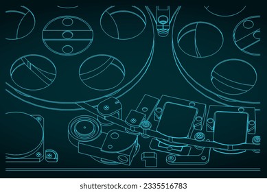 Stylized vector illustrations of tape drive mechanism of reel-to-reel tape recorder close-up